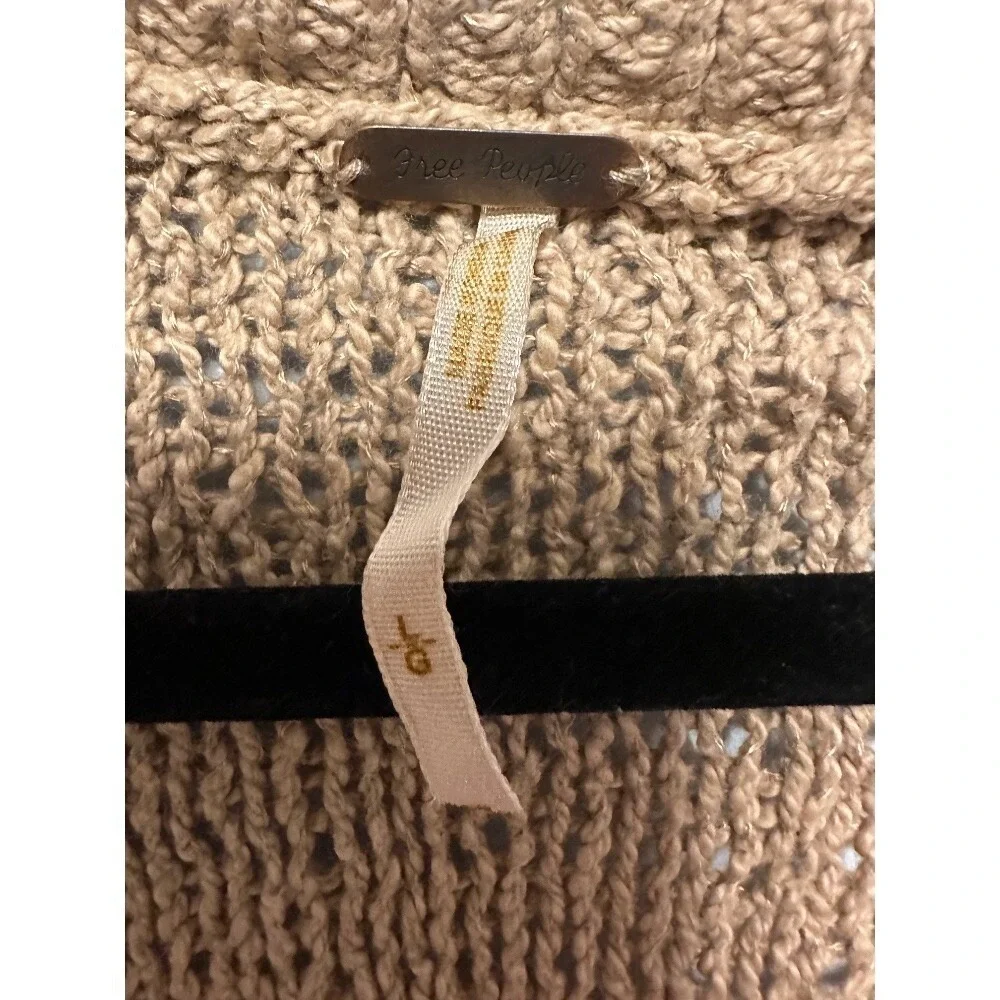 Free People Open Knit Crochet Sweater L Tan Cotton Boho Beach V-Neck Oversized